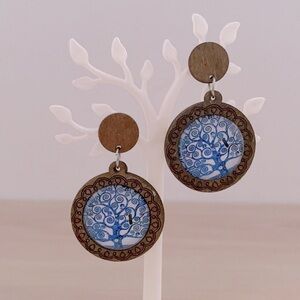 Tree of life wooden blue earrings